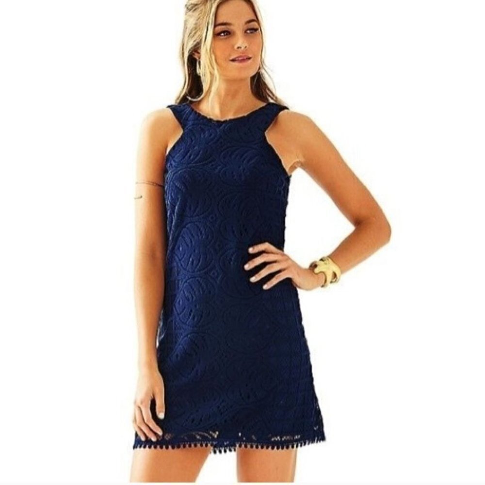 Lilly Pulitzer Mango Shift Dress True Navy Leafy Palm Lace Size XS
